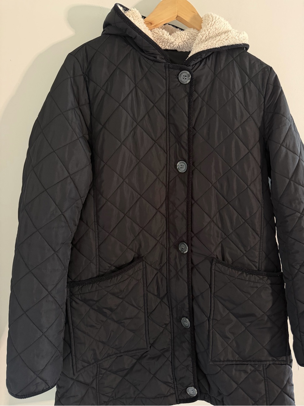 Lauren Ralph Lauren Women M Black Quilted Coat Faux Fur Hood Equestrian Lined - Picture 3 of 14